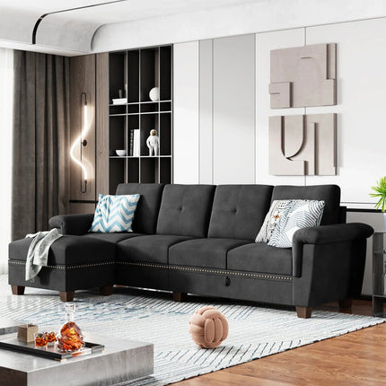 Lima Sectional Sofa- L-Shaped 4 Seater Convertible Couch with Storage Chaise- Reversible Sectional Couch with Cup Holders & Table