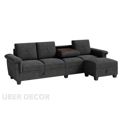 Lima Sectional Sofa- L-Shaped 4 Seater Convertible Couch with Storage Chaise- Reversible Sectional Couch with Cup Holders & Table