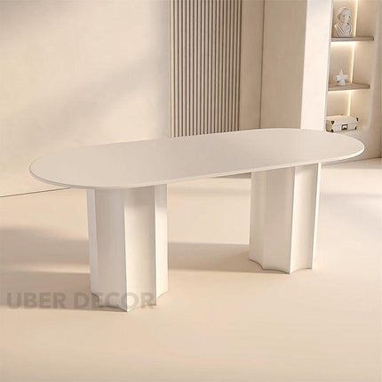Astra Blanc Oval 6 Seater Dining Table Contemporary Minimalist Design Matte White Finish Sculptural Pedestal Base Ideal for Dining Room - Uber Decor