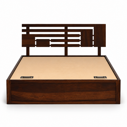 Woodline Storage Bed – Solid Wood Frame with Geometric Headboard