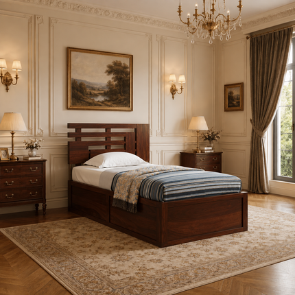 Woodline Storage Bed – Solid Wood Frame with Geometric Headboard