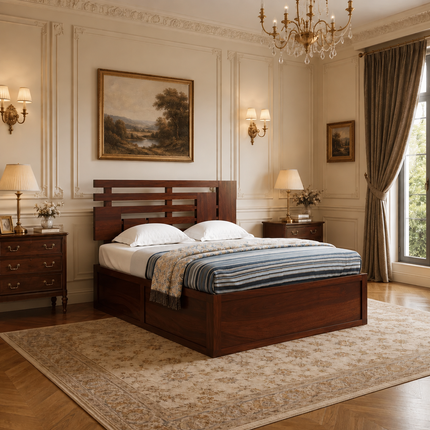 Woodline Storage Bed – Solid Wood Frame with Geometric Headboard