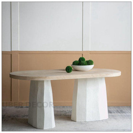 Eden Crest Oval 6 Seater Dining Table Modern Boho Design Natural Wood Top Sculpted Plaster Pedestal Base Ideal for Dining Room - Uber Decor