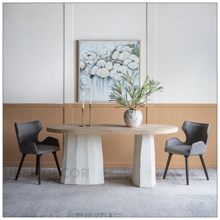 Eden Crest Oval 6 Seater Dining Table Modern Boho Design Natural Wood Top Sculpted Plaster Pedestal Base Ideal for Dining Room - Uber Decor