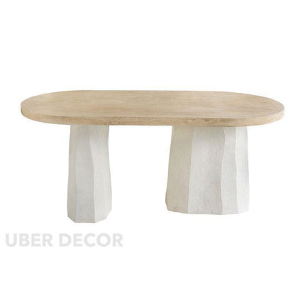 Eden Crest Oval 6 Seater Dining Table Modern Boho Design Natural Wood Top Sculpted Plaster Pedestal Base Ideal for Dining Room - Uber Decor