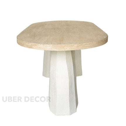 Eden Crest Oval 6 Seater Dining Table Modern Boho Design Natural Wood Top Sculpted Plaster Pedestal Base Ideal for Dining Room - Uber Decor