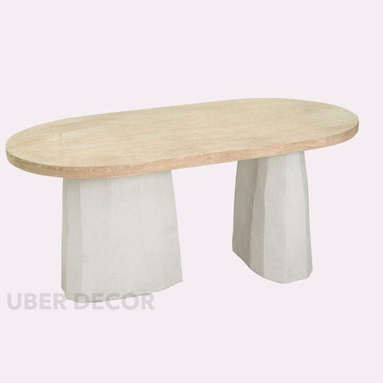 Eden Crest Oval 6 Seater Dining Table Modern Boho Design Natural Wood Top Sculpted Plaster Pedestal Base Ideal for Dining Room - Uber Decor