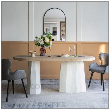 Eden Crest Oval 6 Seater Dining Table Modern Boho Design Natural Wood Top Sculpted Plaster Pedestal Base Ideal for Dining Room - Uber Decor