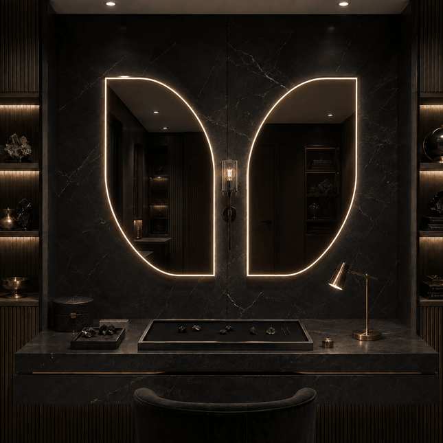 Alina Asymmetrical LED Mirror – Frameless Wall Hanging Mirror with Front or Back Lit for Vanity & Bathroom