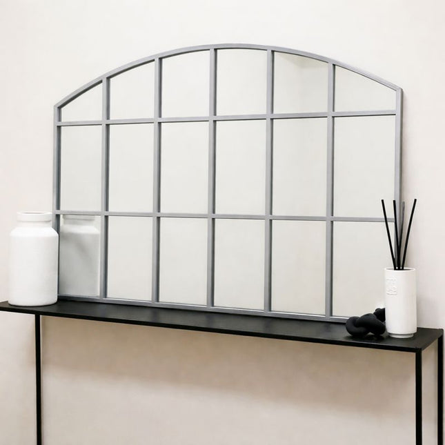 LusterArc- Arched Top Wide Metal Framed Window Style Mirror for Console or Dining Table Wall