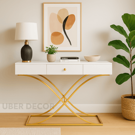 Domus Rise Display Table – White Drawer Top with Sculptural Gold Arch Base Mid‑Century Modern Accent