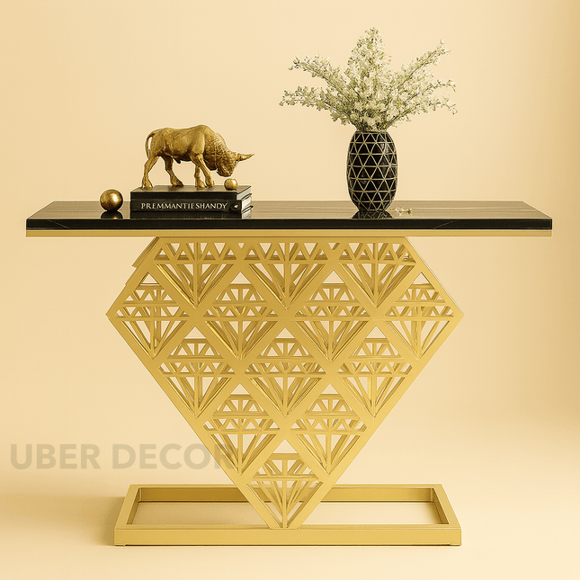 Zephyr Luxe Prism Console Table – Black Stone Top with Geometric Gold Metal Base Mid-Century For Modern Hallway & Entryway