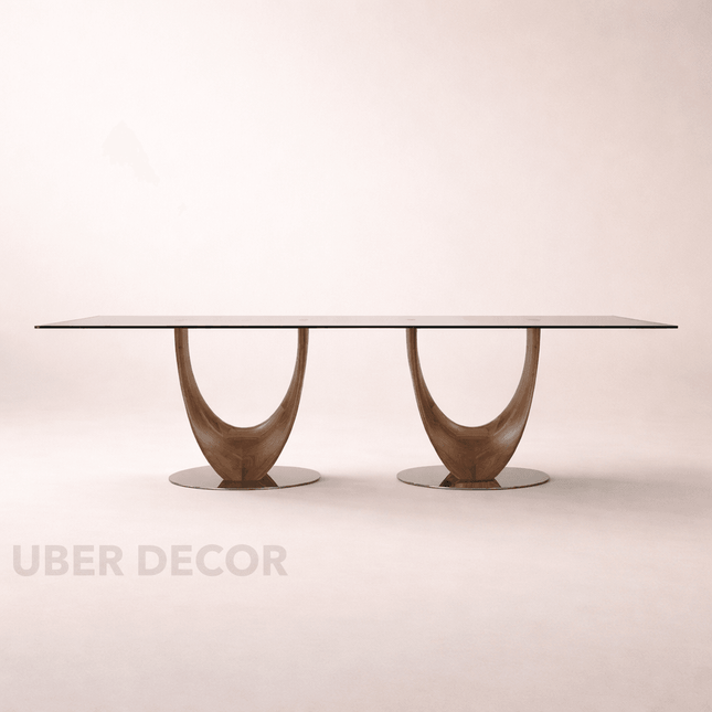 Vireon Rectangular Dining Table Contemporary Architectural Design Glass Top Solid Wood Base Made to Order Dining Table for Dining Room