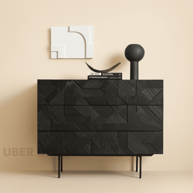 Voro Noir Modern Minimalist Solid Wood Chest of Drawers Black Textured Fronts, Metal Legs Ideal for Bedroom, Living Room & Hallway