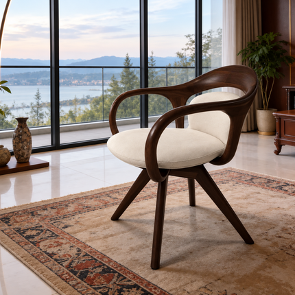 Calen Modern Teak Wood Swivel Armchair with Curved Back and Padded Seat for Dining Room