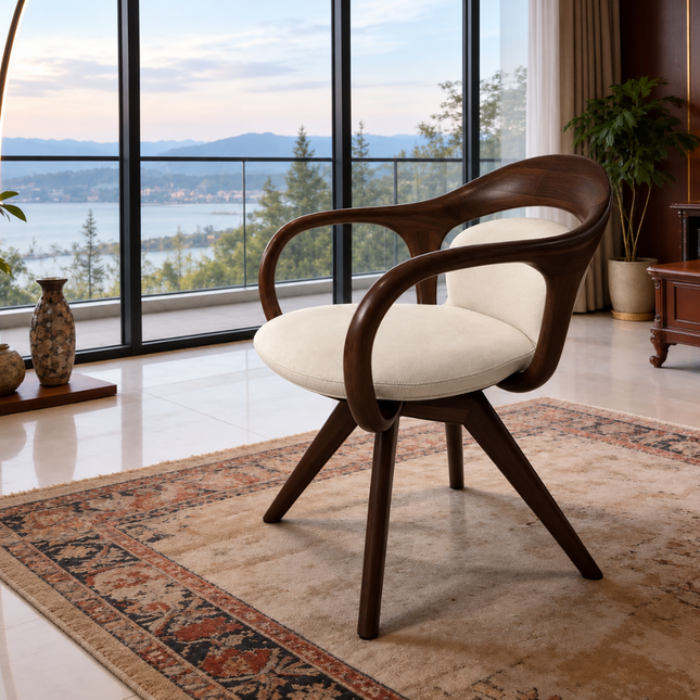 Calen Modern Wooden Swivel Dining Armchair with Curved Back and Padded Seat – Ready to Ship