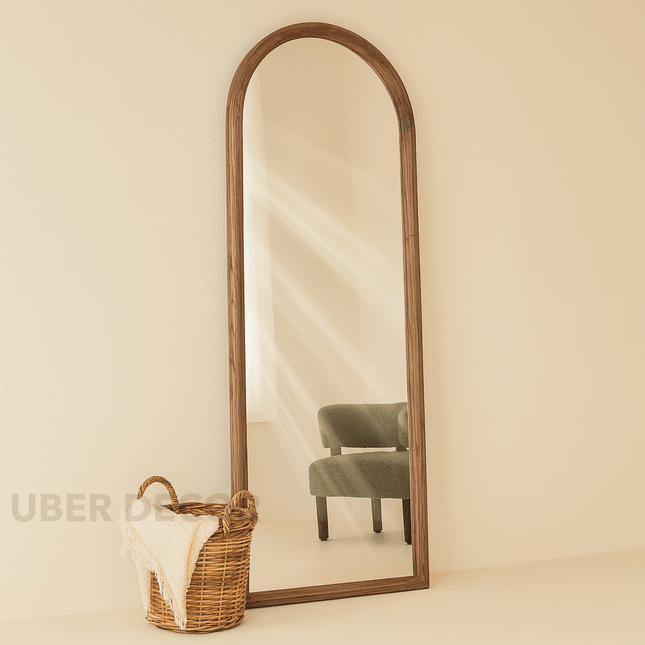 Hazel Arched Teak Wood Floor Mirror – Slim Full-Length Mirror for Bedroom & Entryway