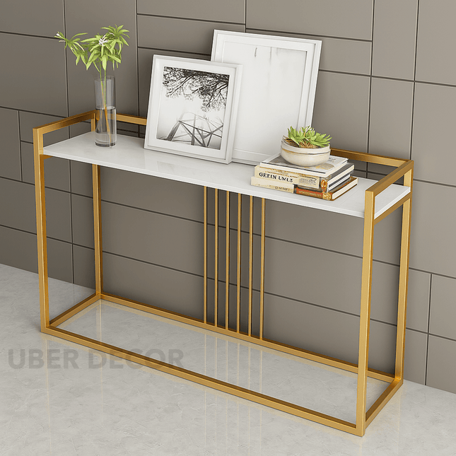 Stratus Slim Console Table – Custom Marble Top in Black or White with Vertical Accent Detailing