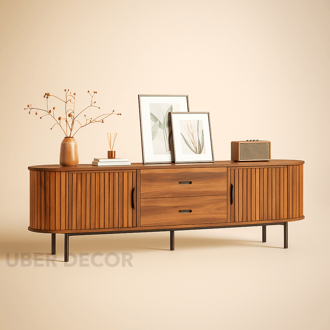 Isola Slatted Tambour Console Table with Metal Legs Customisable Finish Made to Order for Living Room and Entryway Furniture