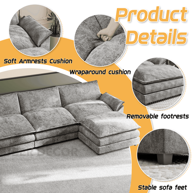 Manila 158" U-Shaped Sofa- 4 Seater Sectional Sofa with Reversible Toffee Chair & Movable Footrest - Uber Decor