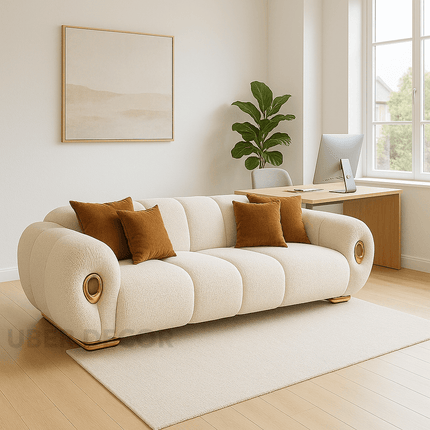 Marrakesh Rolled-Arm Sofa Modern Japandi Luxury Couch with Golden Accents