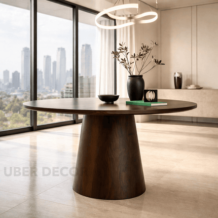 Brindlewood Round Dining Table Mid Century Modern Scandinavian Japandi Design Solid Wood Finish Pedestal Base Dining Table for Dining Room