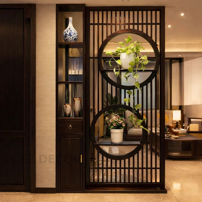 Orvano Solid Wood Multifunctional Partition Divider with Circular Frame Design and Storage Shelves for Living Room & Entry Spaces
