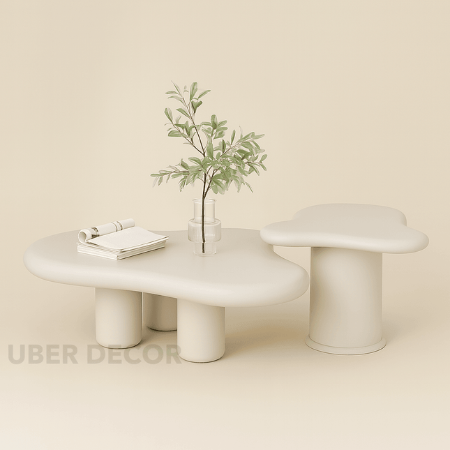 Zeya Cream Cloud Coffee Table Set – Sculptural High-Low Combination in Cream Finish with Rounded Legs – Nordic-Inspired Minimalist Accent for Modern Living Rooms