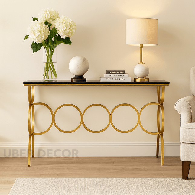 Cirque Luxe Mid-Century Modern Console Table – White Marble Top with Sculptural Gold Ring Base for Hallway or Living Room