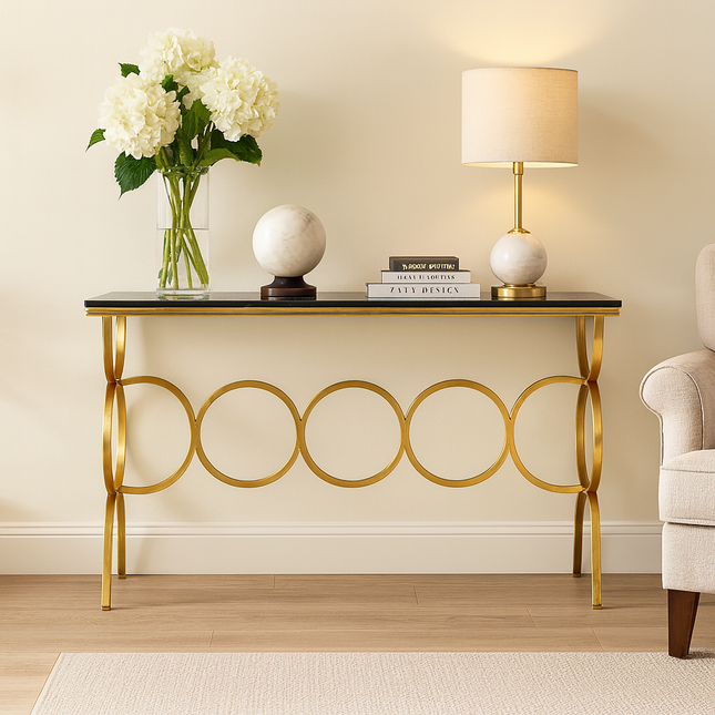 Cirque Luxe Mid-Century Modern Console Table – White Marble Top with Sculptural Gold Ring Base for Hallway or Living Room