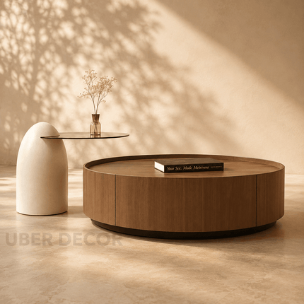 Mekong Wabi-Sabi Japandi Round Coffee Table – Functional Organic Mid-Century Center Table for Living Room