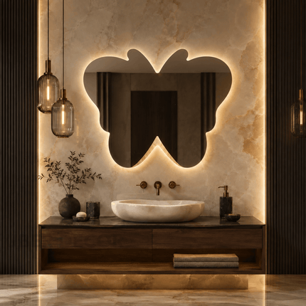 Delphine Butterfly Frameless Wall Hanging LED Mirror – Front Lit or Back Lit Statement Mirror for Bathroom & Vanity