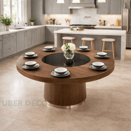 Halo Round Wooden Dining Table with Central Glass Inlay with Solid Pedestal Base for Dining Room