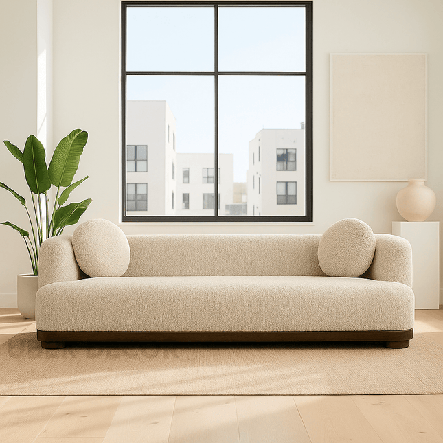 Shiraz 3-Seater Modern Sofa Sculptural Minimalist Couch with Round Accent Cushions