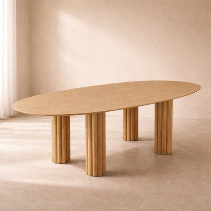 Kavon Oval Dining Table Architectural Column Design Mid Century Modern Scandinavian Inspired Solid Wood Legs Natural Finish Dining Furniture for Dining Room