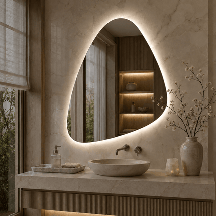 Trikon Geometric LED Mirror – Frameless Wall Hanging Mirror with Front or Back Lit for Vanity & Bathroom