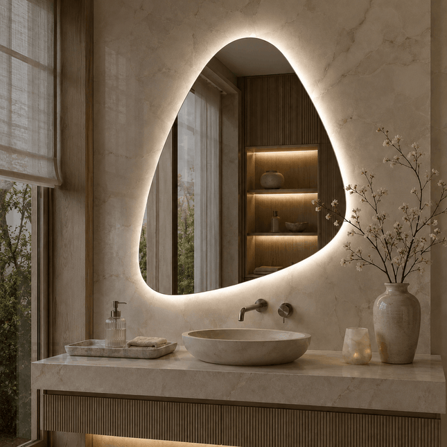 Trikon Geometric LED Mirror – Frameless Wall Hanging Mirror with Front or Back Lit for Vanity & Bathroom