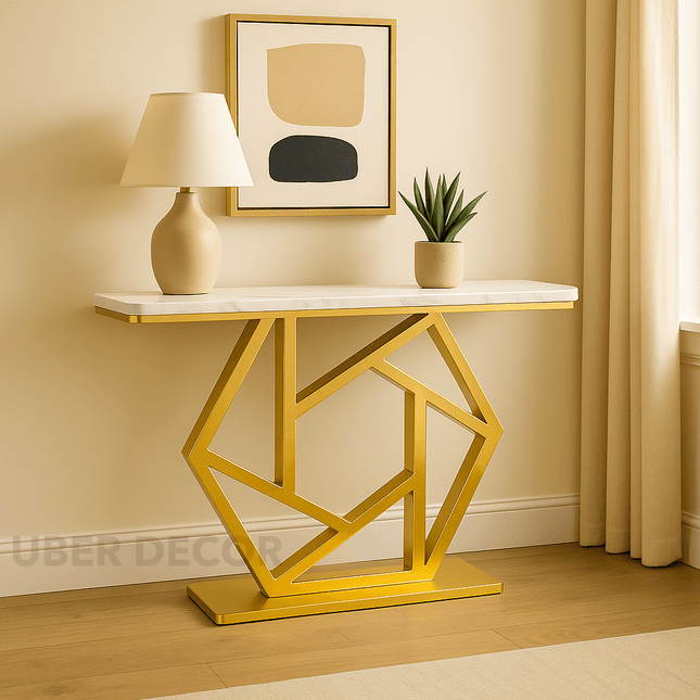Orion Crest Side Table – Custom Black or White Marble Top with Gold Geometric Base Mid‑Century Glam Accent For Entryway & Hallway