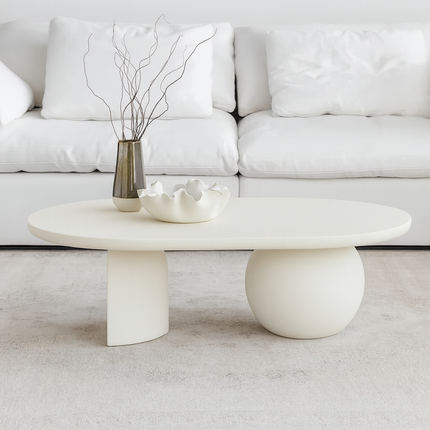 Magdalena Sculptural Mid Century Japandi Coffee Table – Organic Round Wooden Top with Sphere and Arched Block Legs – Artistic Designer Centerpiece for Living Room