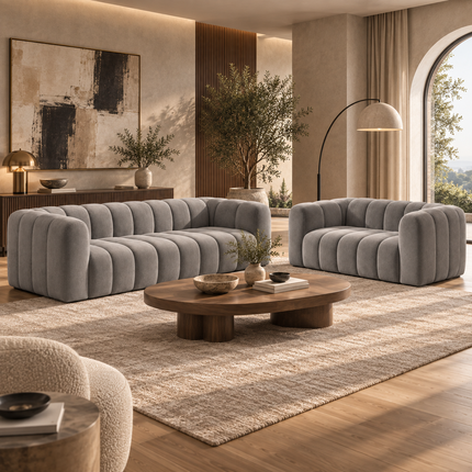 Mendoza Modern Channel-Tufted Sofa – Ready to Ship Grey Premium Suede Velvet Couch for Living Room