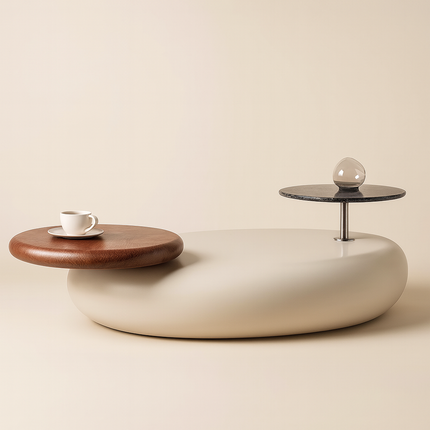 Meuse Coffee Table, Modern Sculptural Organic Dual Surface Center Table with Wood and Stone Tops for Living Room