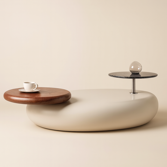 Meuse Coffee Table, Modern Sculptural Organic Dual Surface Center Table with Wood and Stone Tops for Living Room
