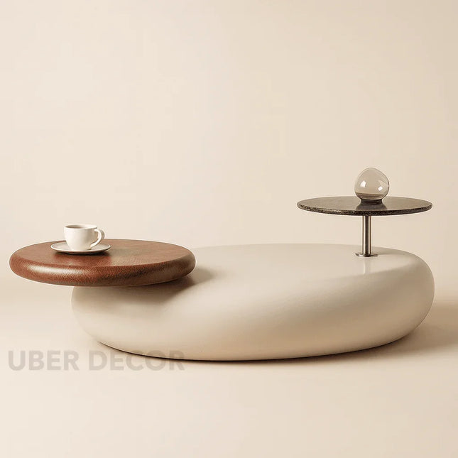 Meuse Modern Sculptural Organic Dual Surface Center Table Wood and Stone Tops for Living Room - Uber Decor