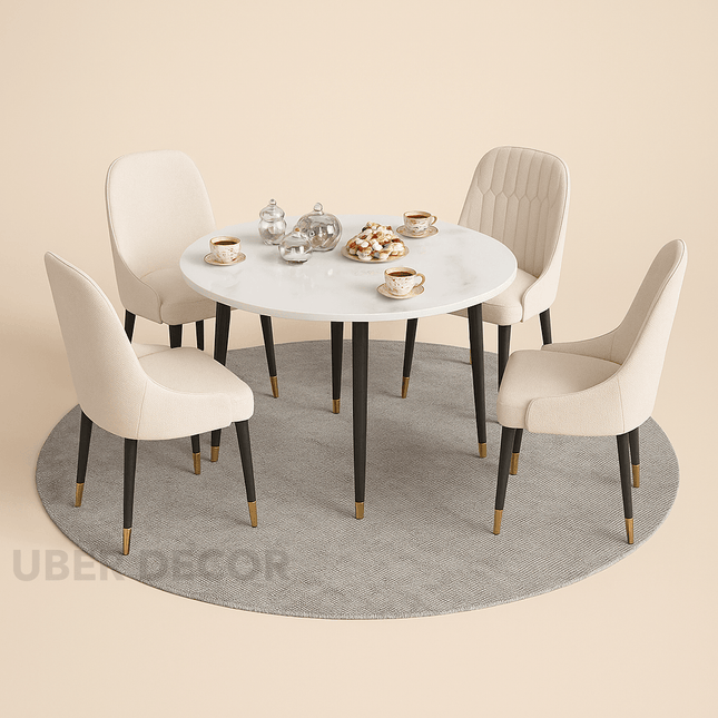 Celestia Round Marble Dining Set – Modern European with Custom Stone Top & Upholstery for Dining Room or Balcony Space