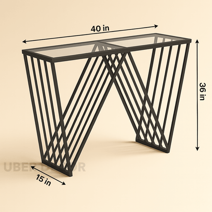 Veyron Edge Console Table – Glass Top with Sculptural W Metal Base Modern Entryway Accent