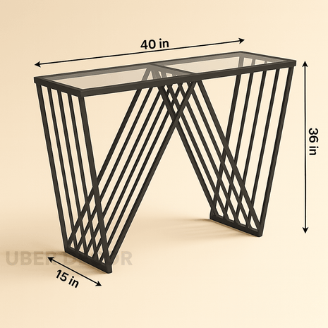 Veyron Edge Console Table – Glass Top with Sculptural W Metal Base Modern Entryway Accent - Uber Decor