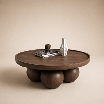 Bandama round solid wood coffee table with ball base mid century modern Japandi design for reading lounge and library seating space