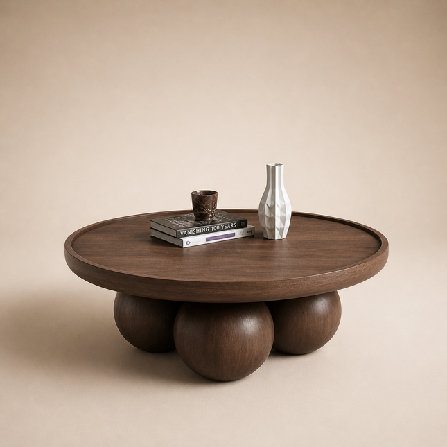 Bandama round solid wood coffee table with ball base mid century modern Japandi design for reading lounge and library seating space