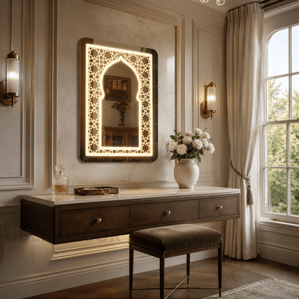 Zaria Jali Arch LED Mirror – Frameless Wall Hanging Mirror with Front or Back Lit for Vanity & Bathroom