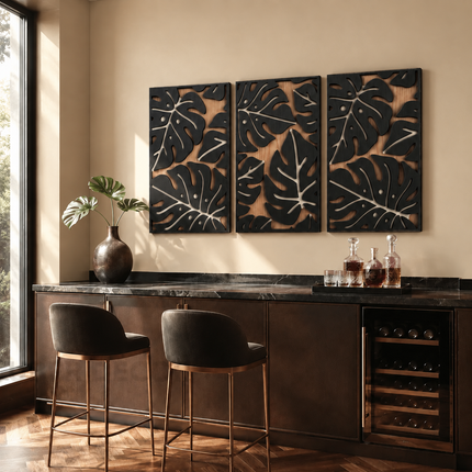 Tropical Leaf Trio Boho Wooden Wall Art Set of 3 – Botanical Panels